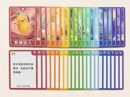 好勢花生 生涯特質優勢卡 牌卡正面，上排為特質卡插畫、下排為 A 至 V 分類索引的描述卡